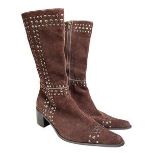 Newport News Suede Point Toe Studded Mid Calf Boots Brown Size 9 Western Cowgirl